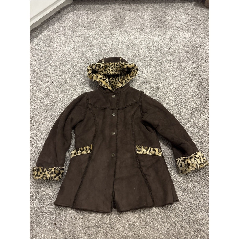 VTG Y2K Oshkosh Penny Lane Style Cheetah Leopard Coat Brown Faux FurGirls 7/8